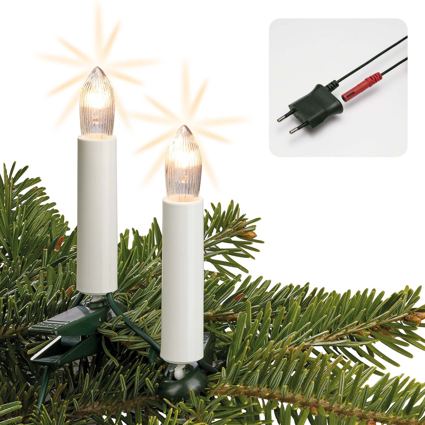 30-tlg. Riffelkerzenkette, klare Lampen, für innen, teilbarer Stecker
