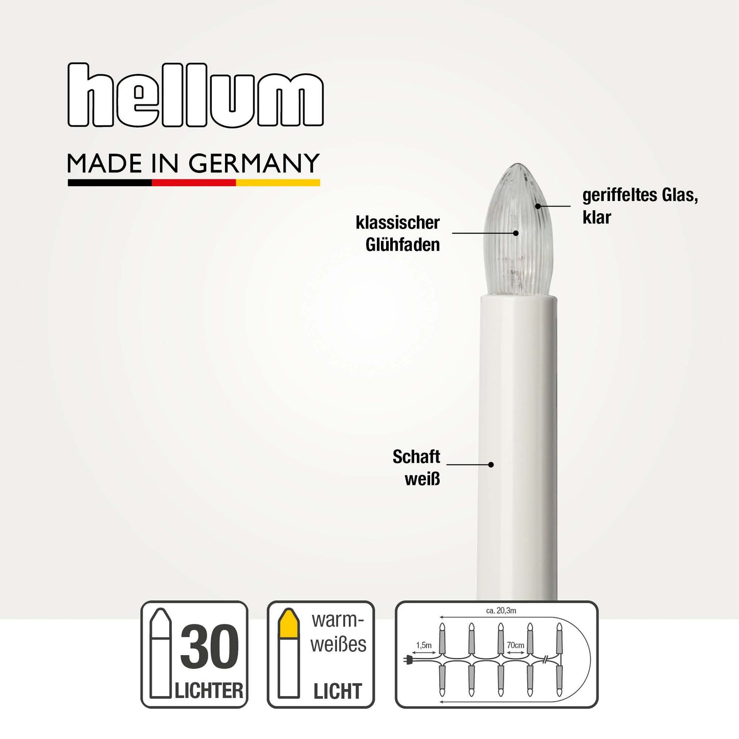 Lichterkette Weihnachtsbaum innen 30 teilig, Made in Germany, Riffelkerzen, Glühfaden