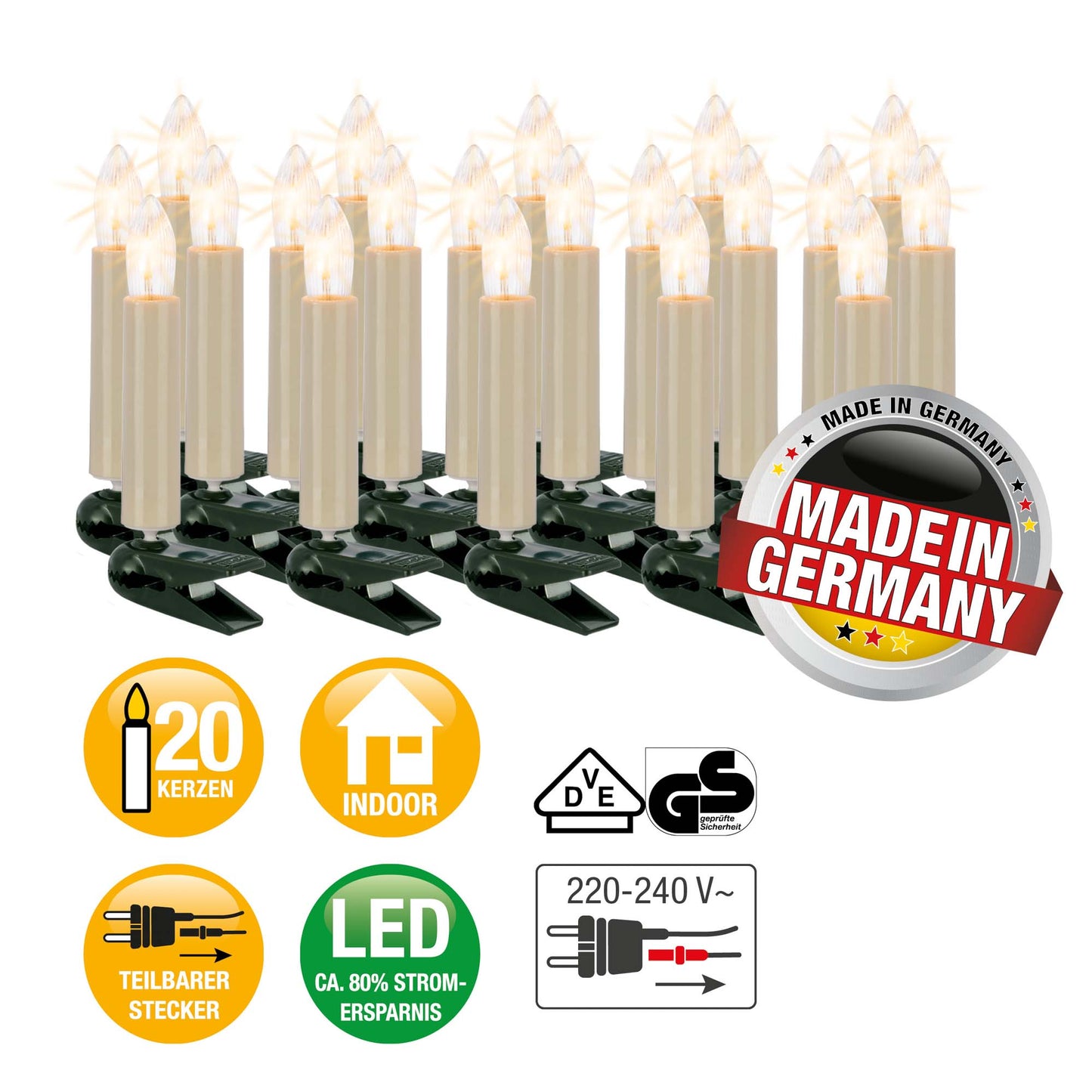 15-tlg. LED-Filament-Riffelkerzenkette, warm-weiß, für innen, teilbarer Stecker