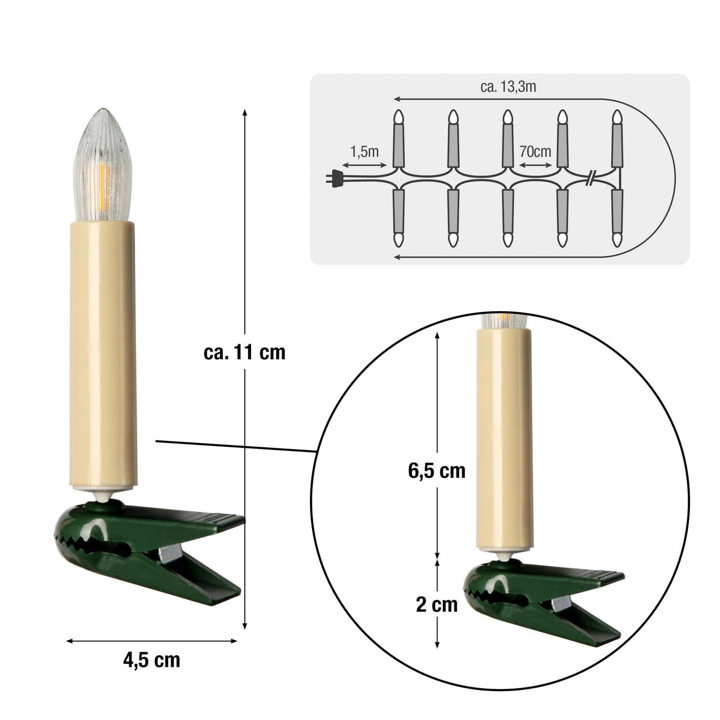 15-tlg. LED-Filament-Riffelkerzenkette, warm-weiß, für innen, teilbarer Stecker