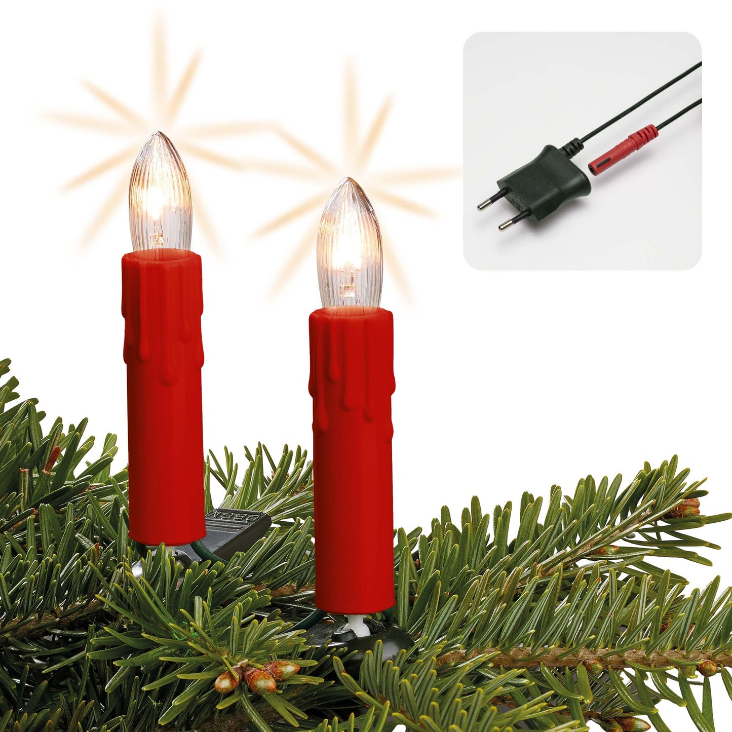 Riffelkerzenkette, roter Schaft mit Tropfen, 15 klare Lampen, für innen, teilbarer Stecker