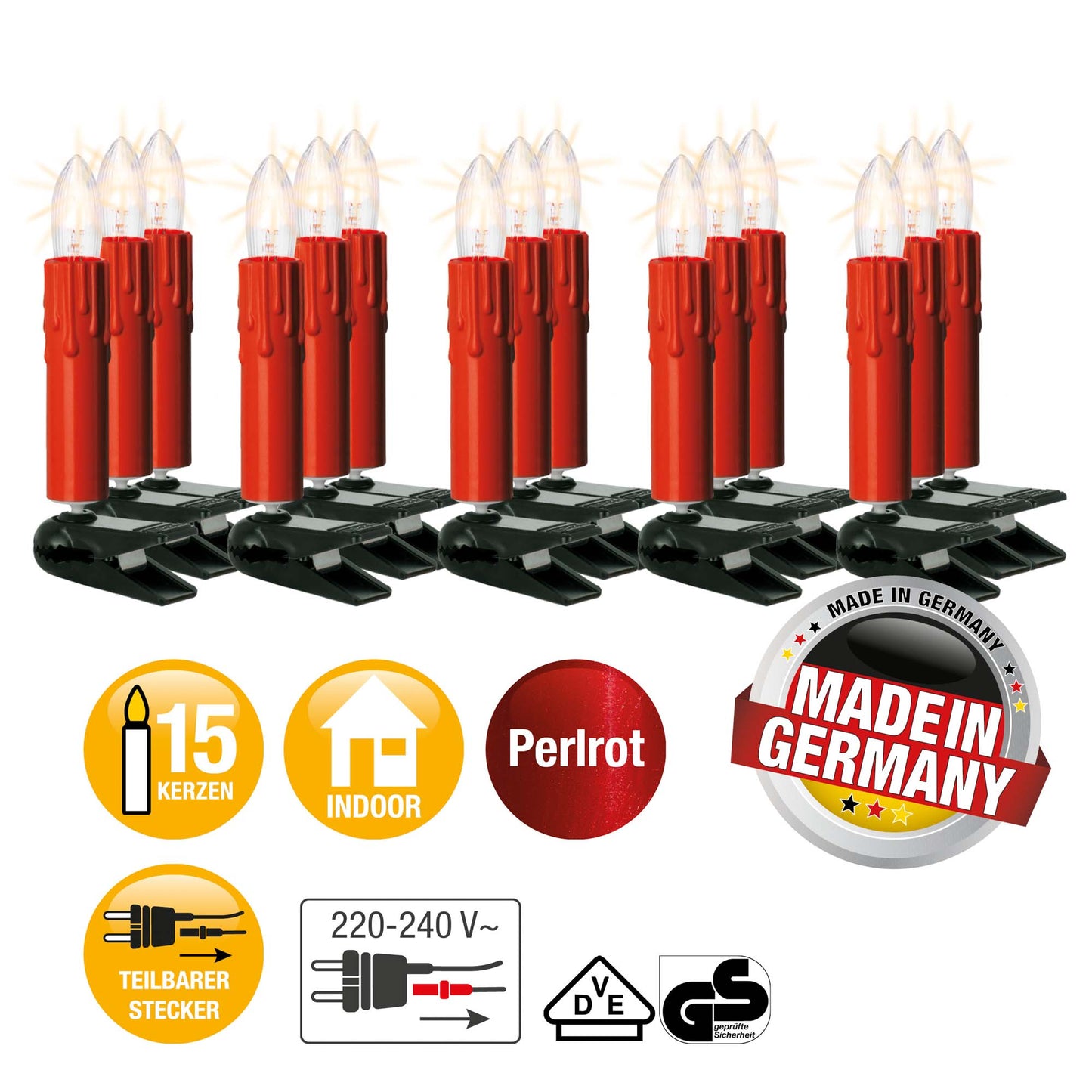 Riffelkerzenkette, roter Schaft mit Tropfen, 15 klare Lampen, für innen, teilbarer Stecker