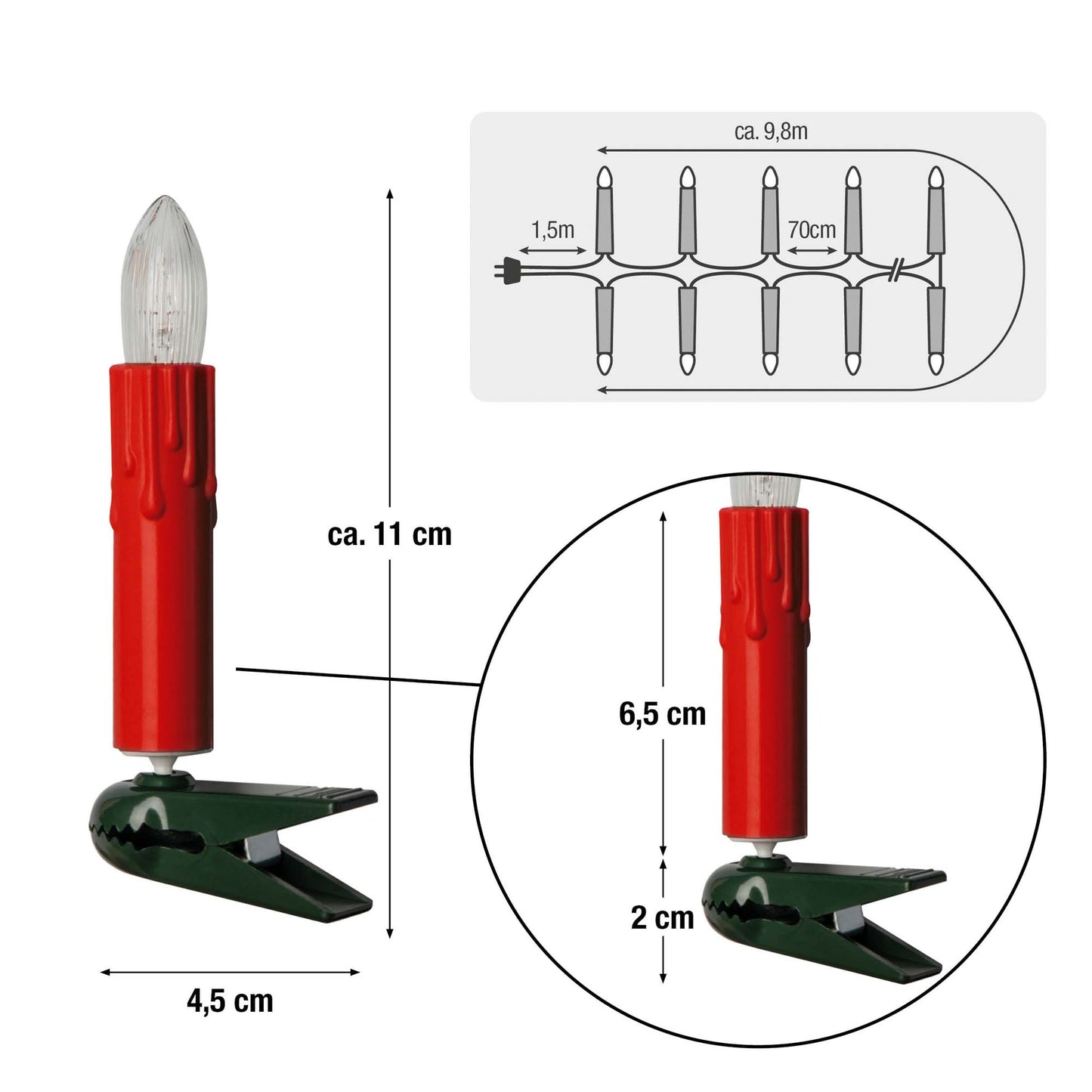 Riffelkerzenkette, roter Schaft mit Tropfen, 15 klare Lampen, für innen, teilbarer Stecker