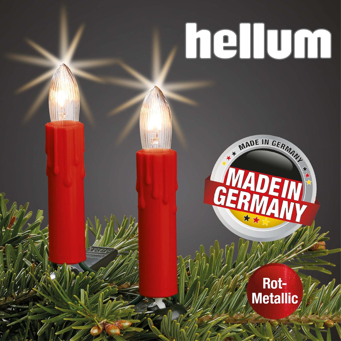 Riffelkerzenkette, roter Schaft mit Tropfen, 15 klare Lampen, für innen, teilbarer Stecker
