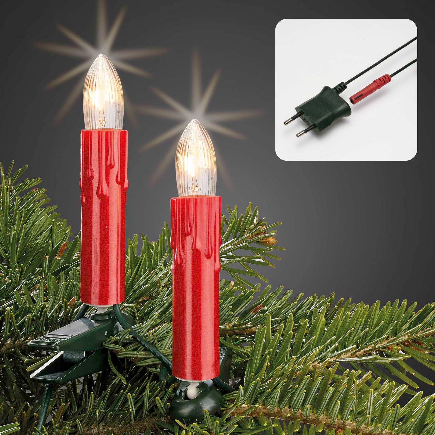 20-tlg. Riffelkerzenkette, roter Schaft mit Tropfen, klare Lampen, für innen, teilb. Stecker