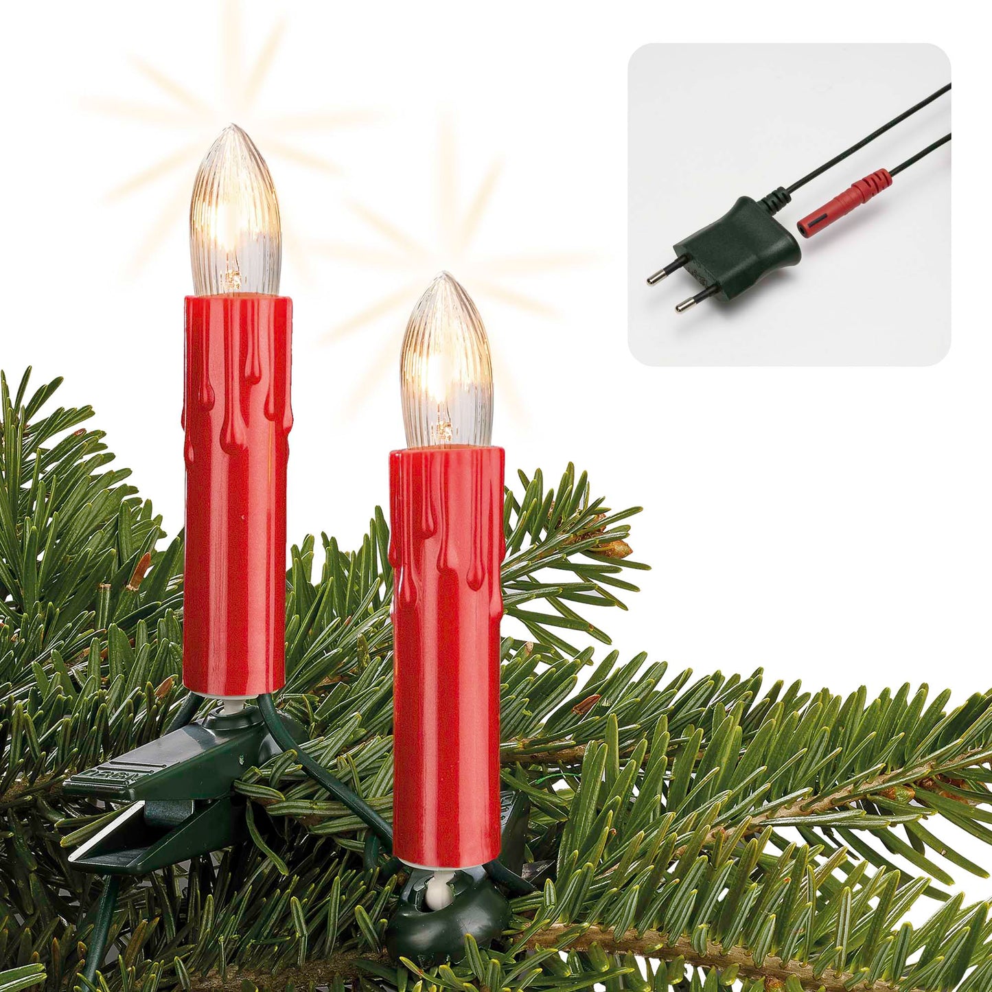 20-tlg. Riffelkerzenkette, roter Schaft mit Tropfen, klare Lampen, für innen, teilb. Stecker