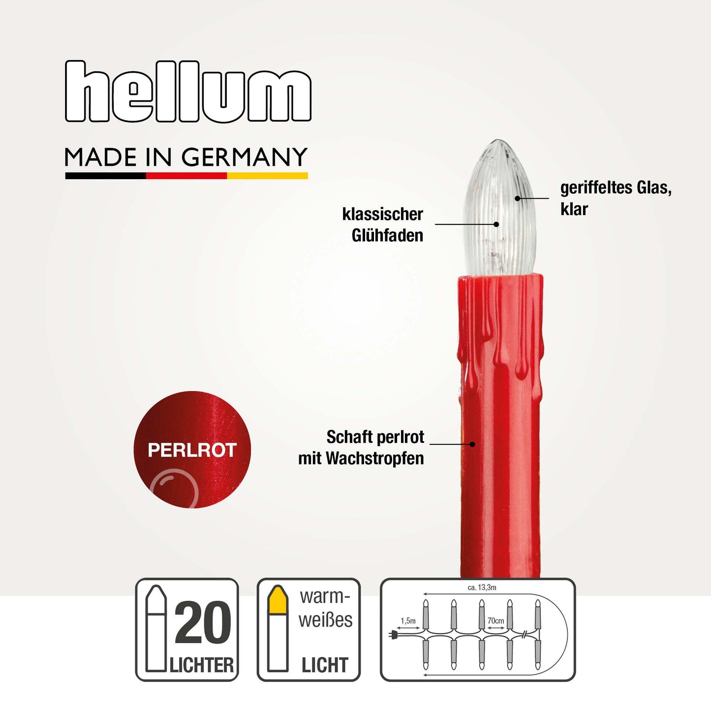 Lichterkette Weihnachtsbaum innen 20 teilig, Made in Germany,  Riffelkerzen, mit Wachstropfen, rot, Glühfaden