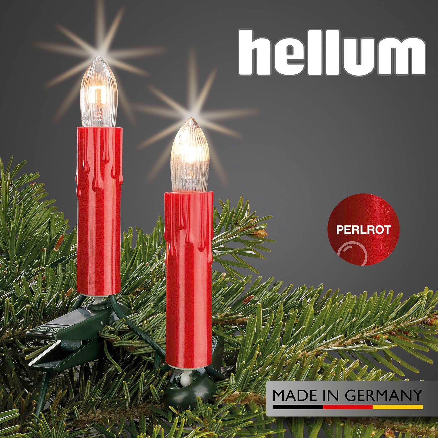 20-tlg. Riffelkerzenkette, roter Schaft mit Tropfen, klare Lampen, für innen, teilb. Stecker