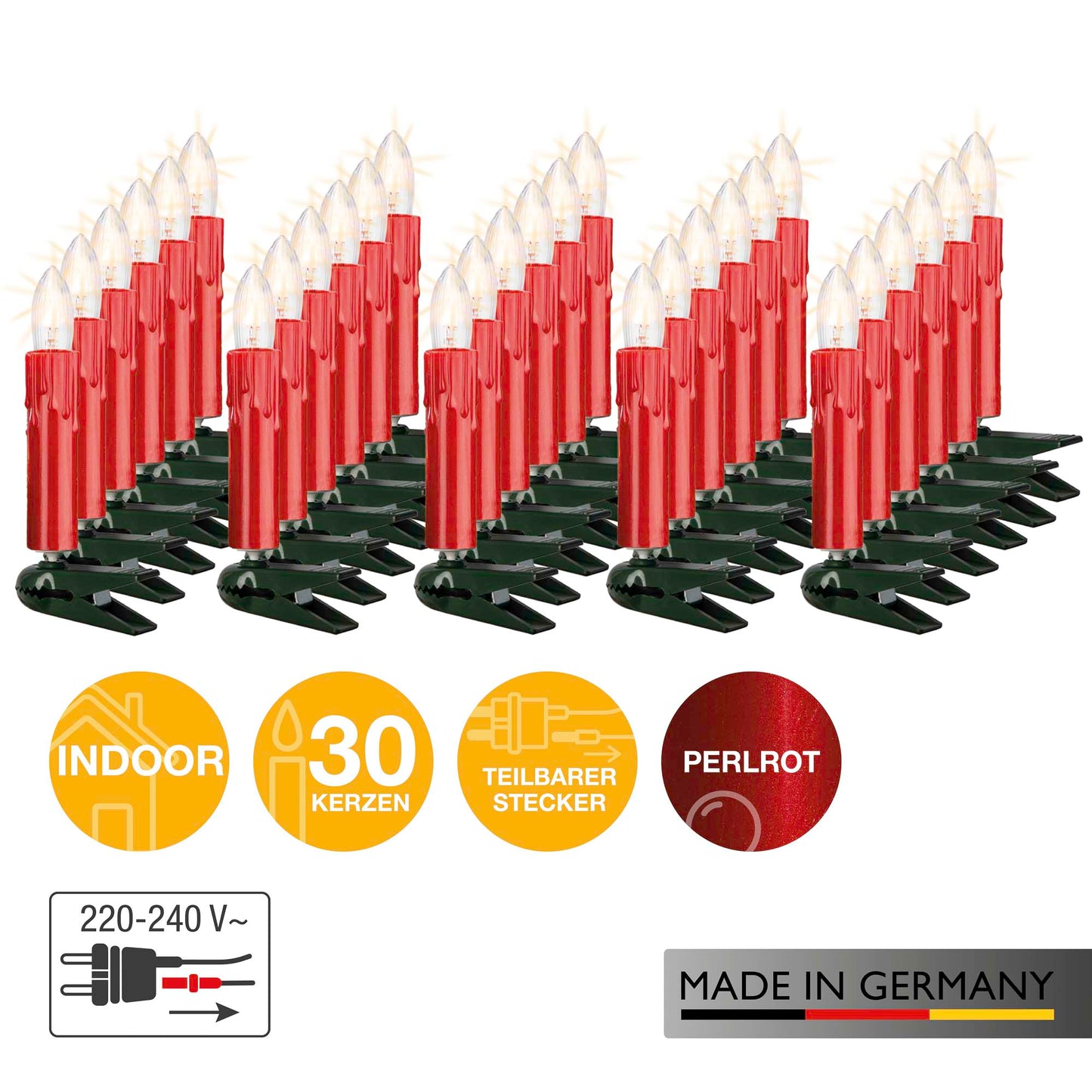 30-tlg. Riffelkerzenkette, roter Schaft mit Tropfen, klare Lampen, für innen, teilb. Stecker