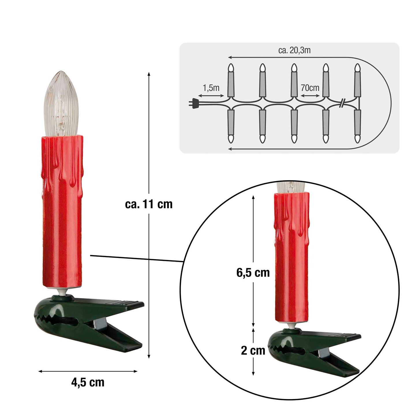 30-tlg. Riffelkerzenkette, roter Schaft mit Tropfen, klare Lampen, für innen, teilb. Stecker