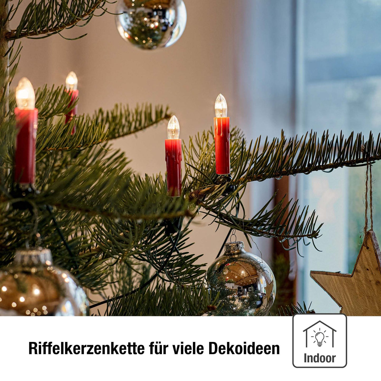 Lichterkette Weihnachtsbaum innen 30 teilig, Made in Germany,  Riffelkerzen, mit Wachstropfen, rot, Glühfaden