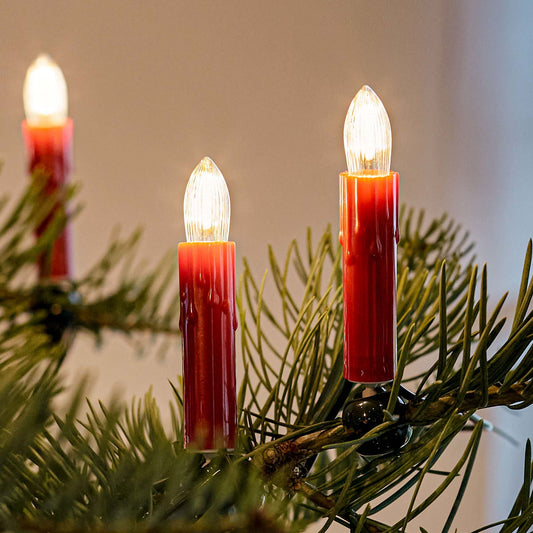 Lichterkette Weihnachtsbaum LED Filament, innen 20 teilig, Made in Germany, Riffelkerzen, mit Wachstropfen, rot