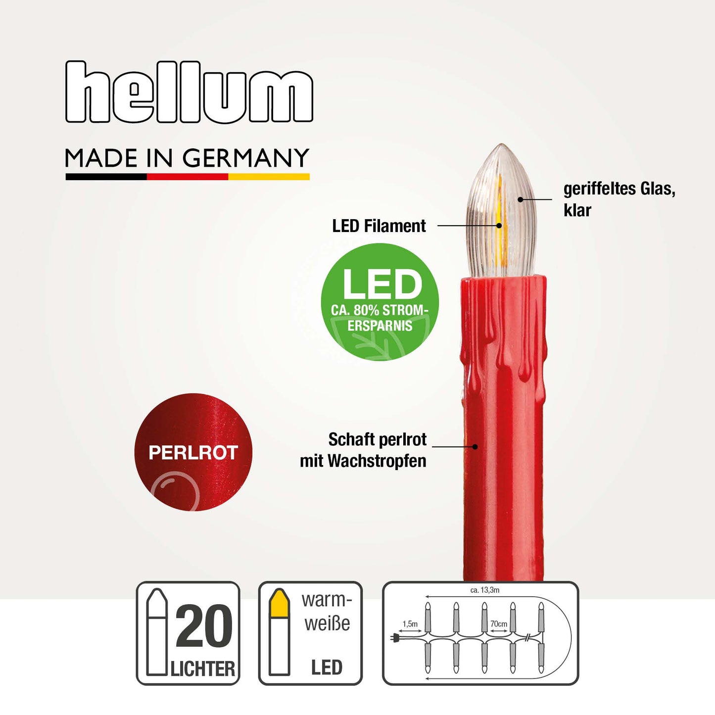Lichterkette Weihnachtsbaum LED Filament, innen 20 teilig, Made in Germany, Riffelkerzen, mit Wachstropfen, rot