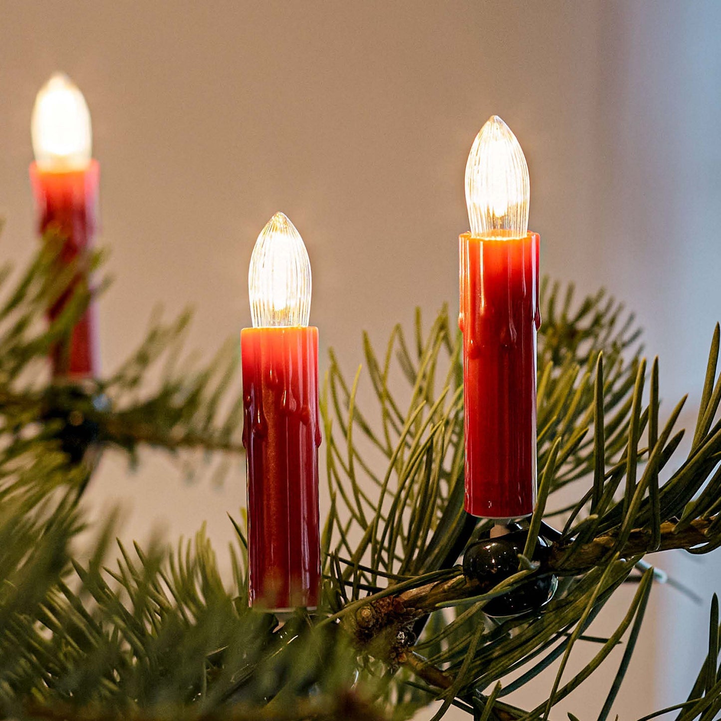 Lichterkette Weihnachtsbaum LED Filament, innen 30 teilig, Made in Germany, Riffelkerzen, mit Wachstropfen, rot