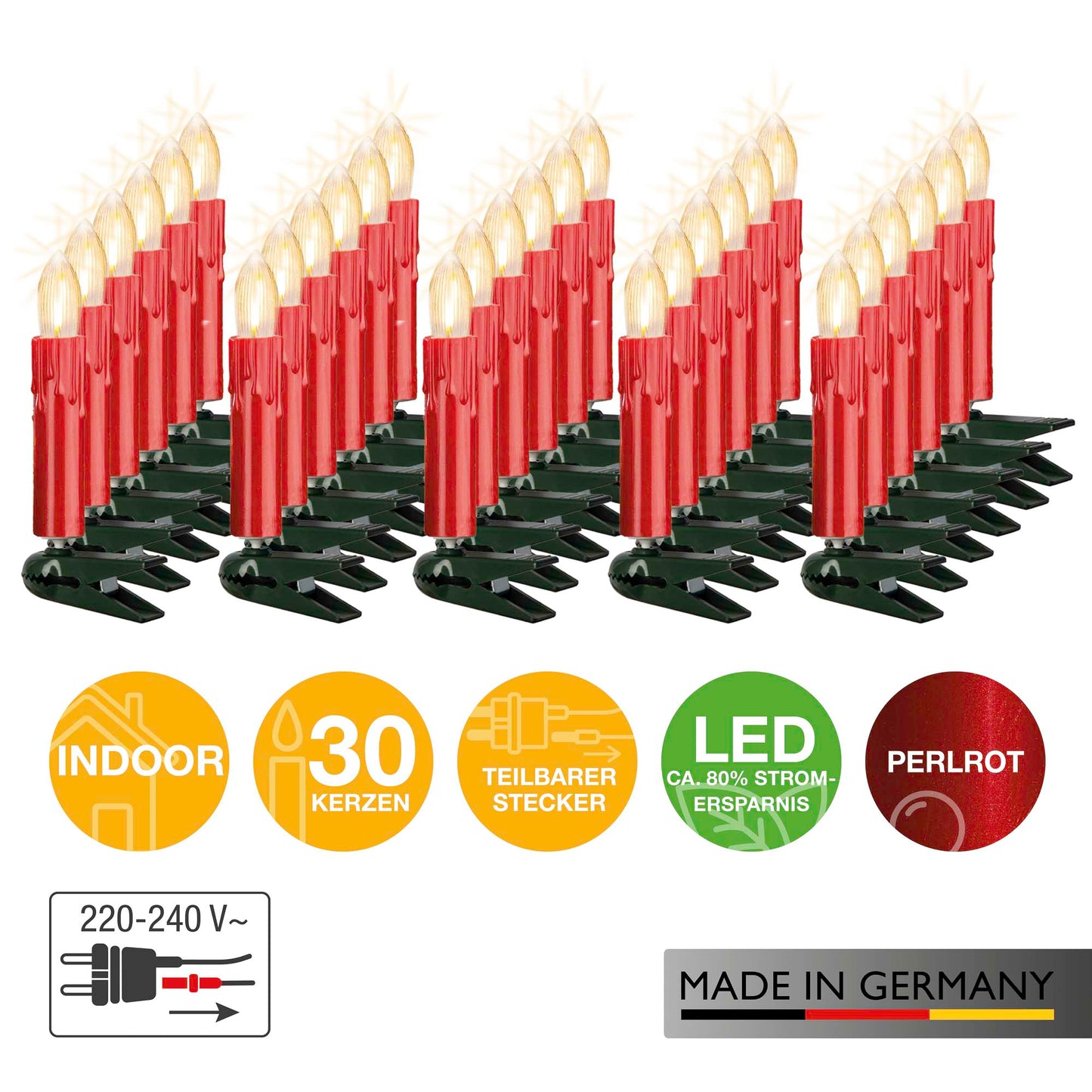 30-tlg. LED-Filament-Riffelkerzenkette, perlrot, warm-weiß, für innen, teilb. Stecker