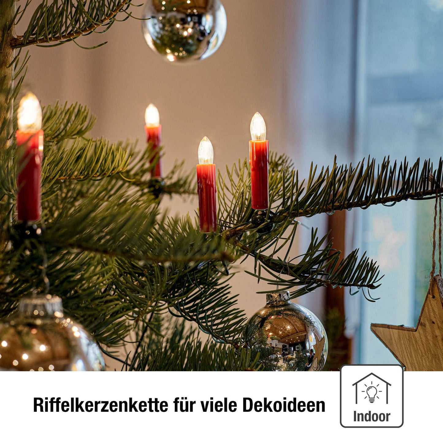 Lichterkette Weihnachtsbaum LED Filament, innen 30 teilig, Made in Germany, Riffelkerzen, mit Wachstropfen, rot