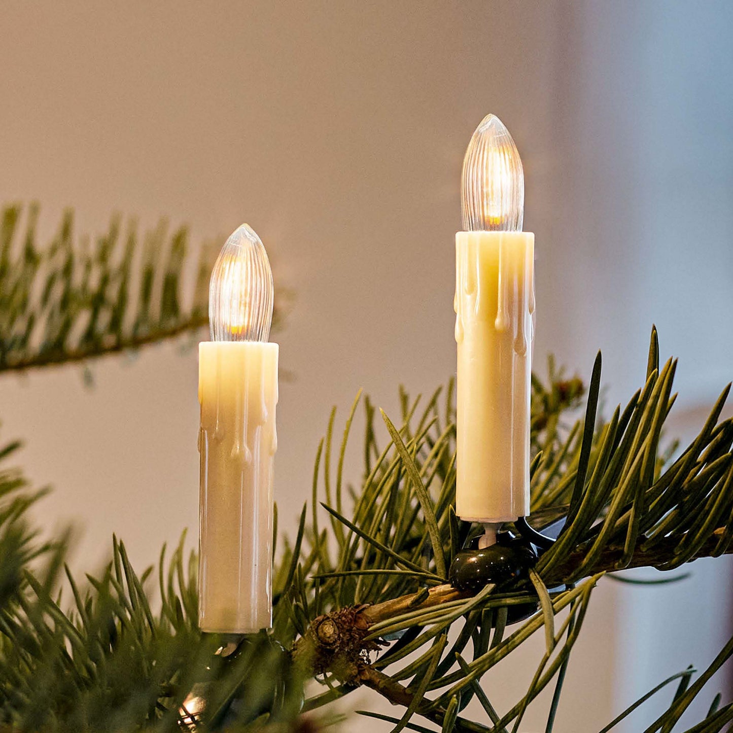 Lichterkette Weihnachtsbaum LED Filament, innen 15 teilig, Made in Germany, Riffelkerzen, mit Wachstropfen, elfenbein