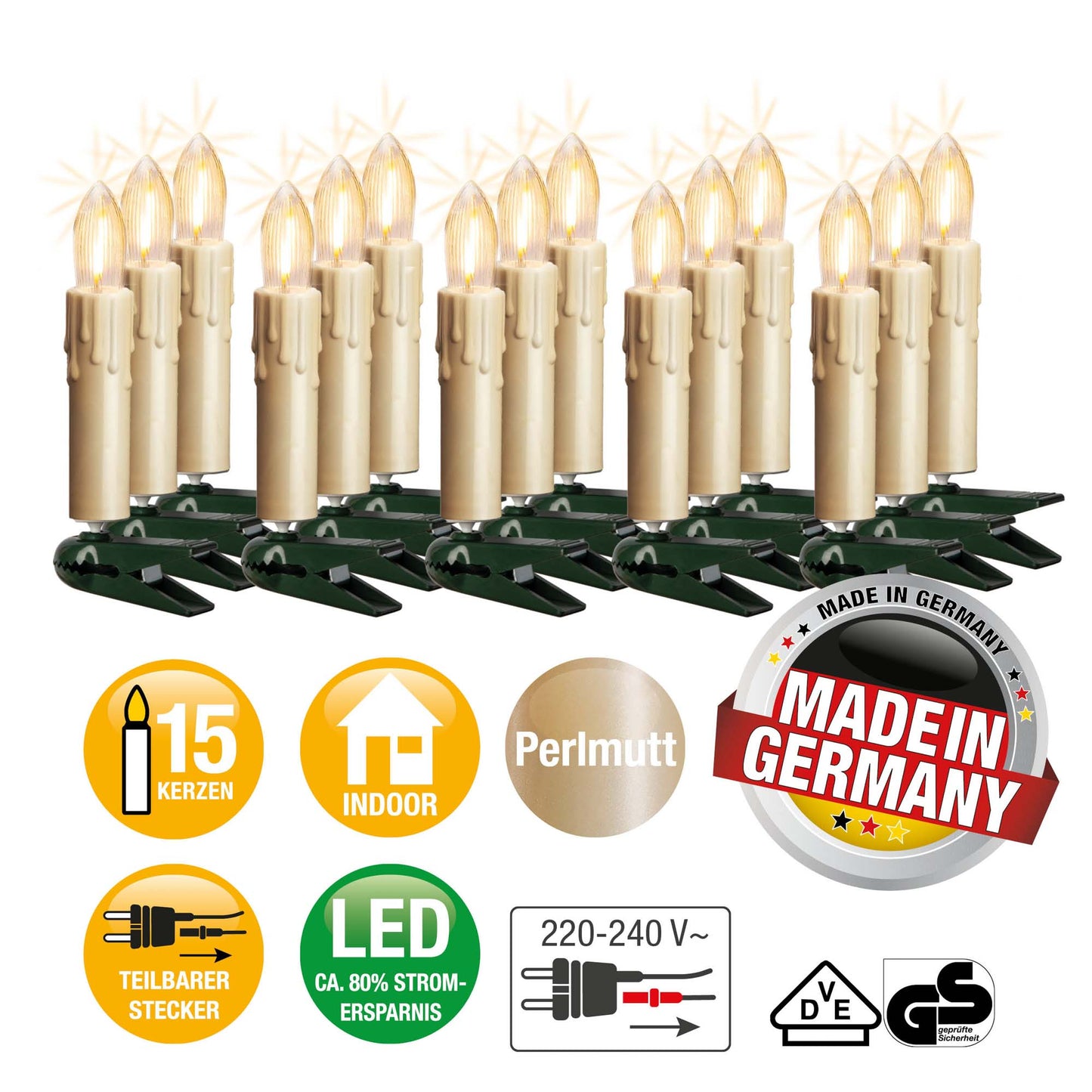 LED-Filament-Riffelkerzenkette, perlmutt mit Tropfen, 15 LEDs  ww, für innen