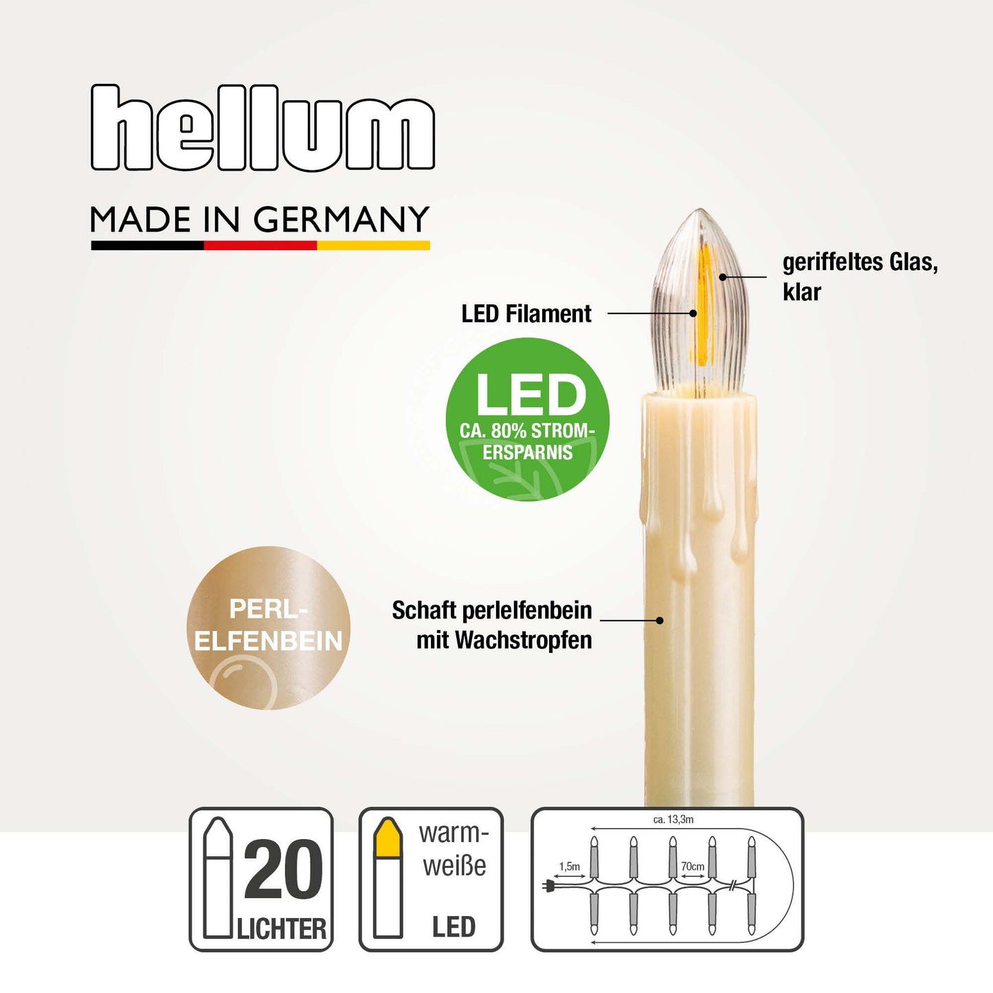 Lichterkette Weihnachtsbaum LED Filament, innen 20 teilig, Made in Germany, Riffelkerzen, mit Wachstropfen, elfenbein