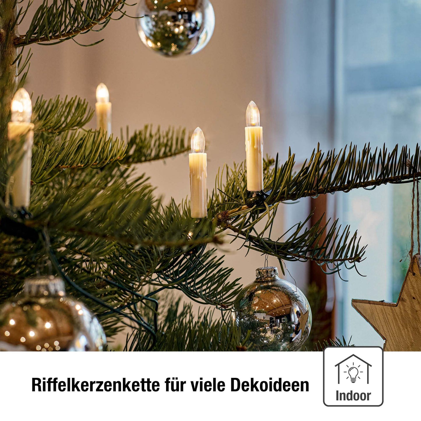 Lichterkette Weihnachtsbaum LED Filament, innen 20 teilig, Made in Germany, Riffelkerzen, mit Wachstropfen, elfenbein