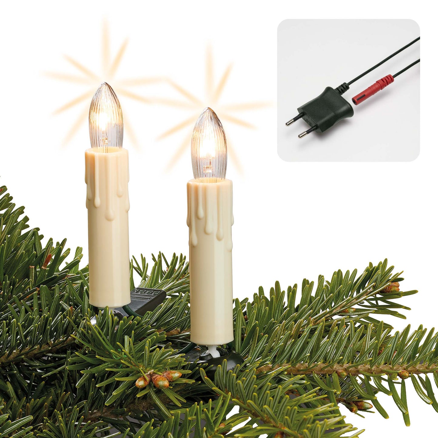 30-tlg. Riffelkerzenkette, warm-weiß, für innen, teilb. Stecker, Wachstropfen