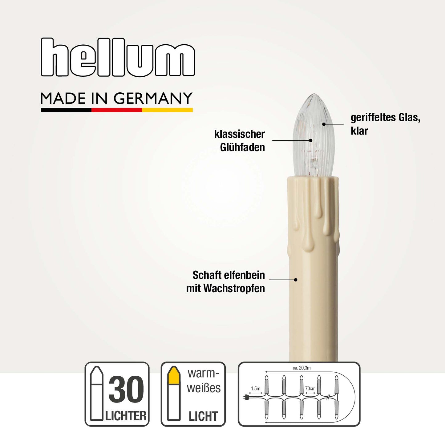 Lichterkette Weihnachtsbaum innen 30 teilig, Made in Germany,  Riffelkerzen, mit Wachstropfen, elfenbein, Glühfaden