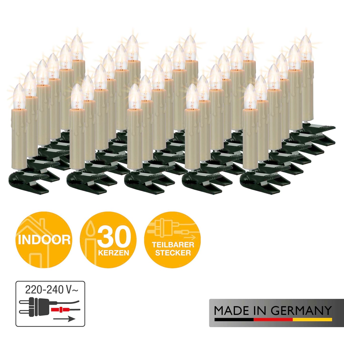 30-tlg. Riffelkerzenkette, warm-weiß, für innen, teilb. Stecker, Wachstropfen 814118