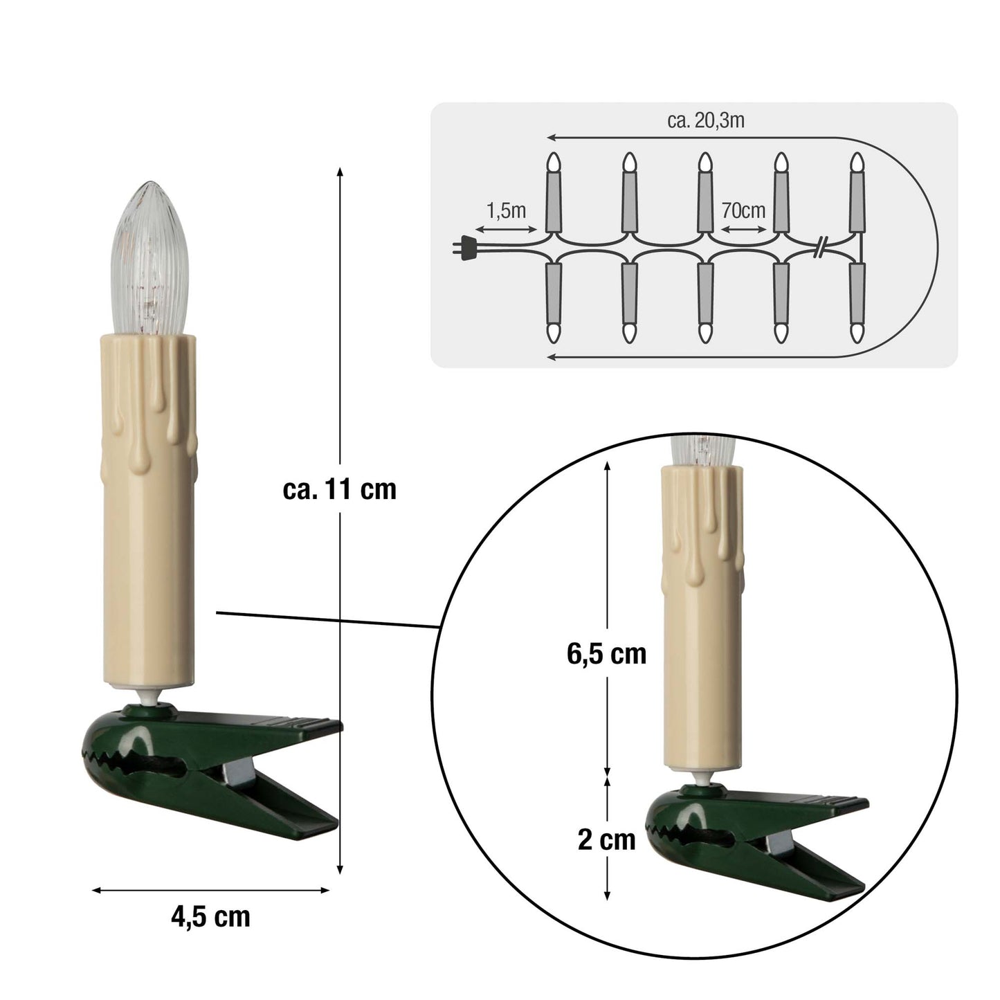 30-tlg. Riffelkerzenkette, warm-weiß, für innen, teilb. Stecker, Wachstropfen