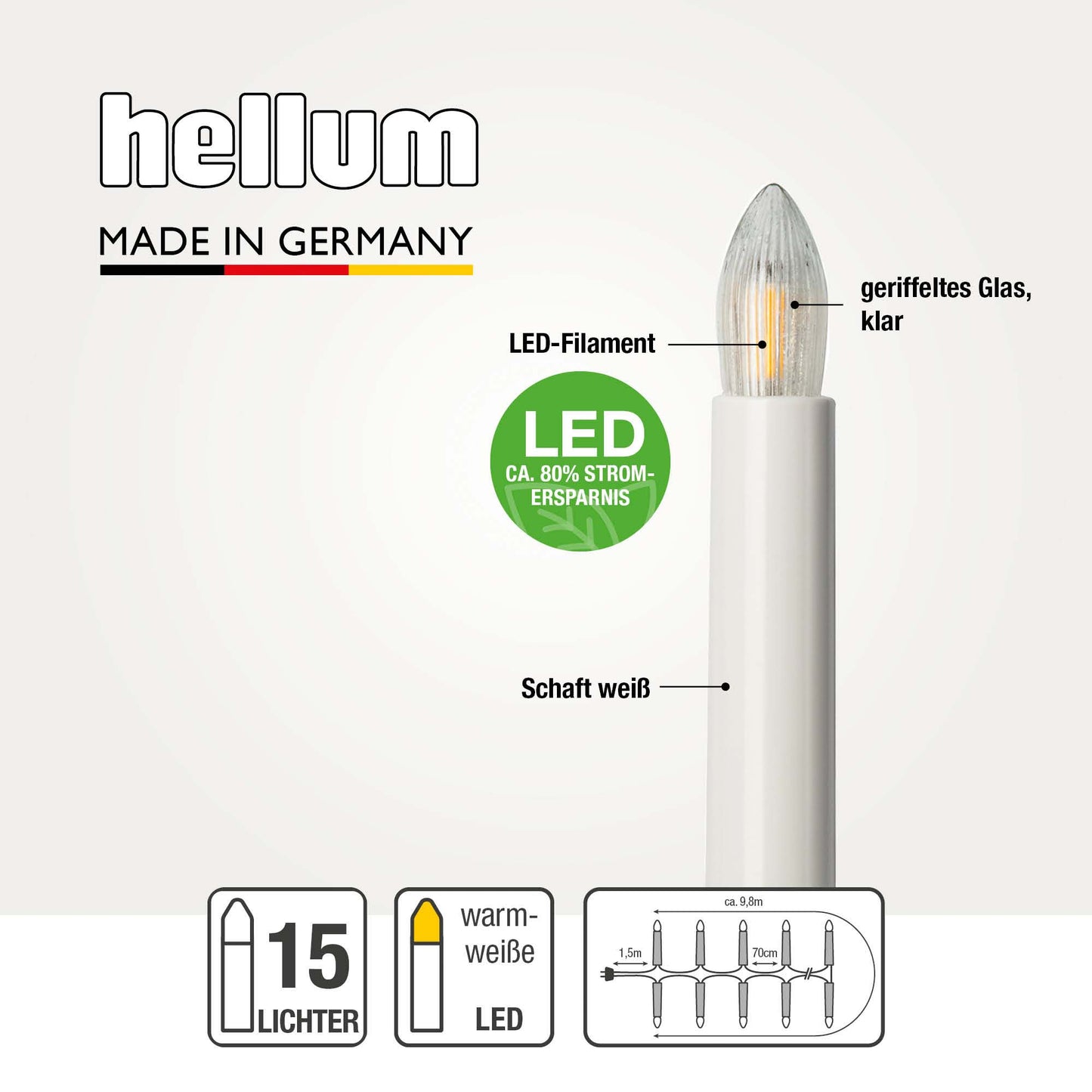 Lichterkette Weihnachtsbaum LED Filament, innen 15 teilig, Made in Germany, Riffelkerzen, Schaft weiß