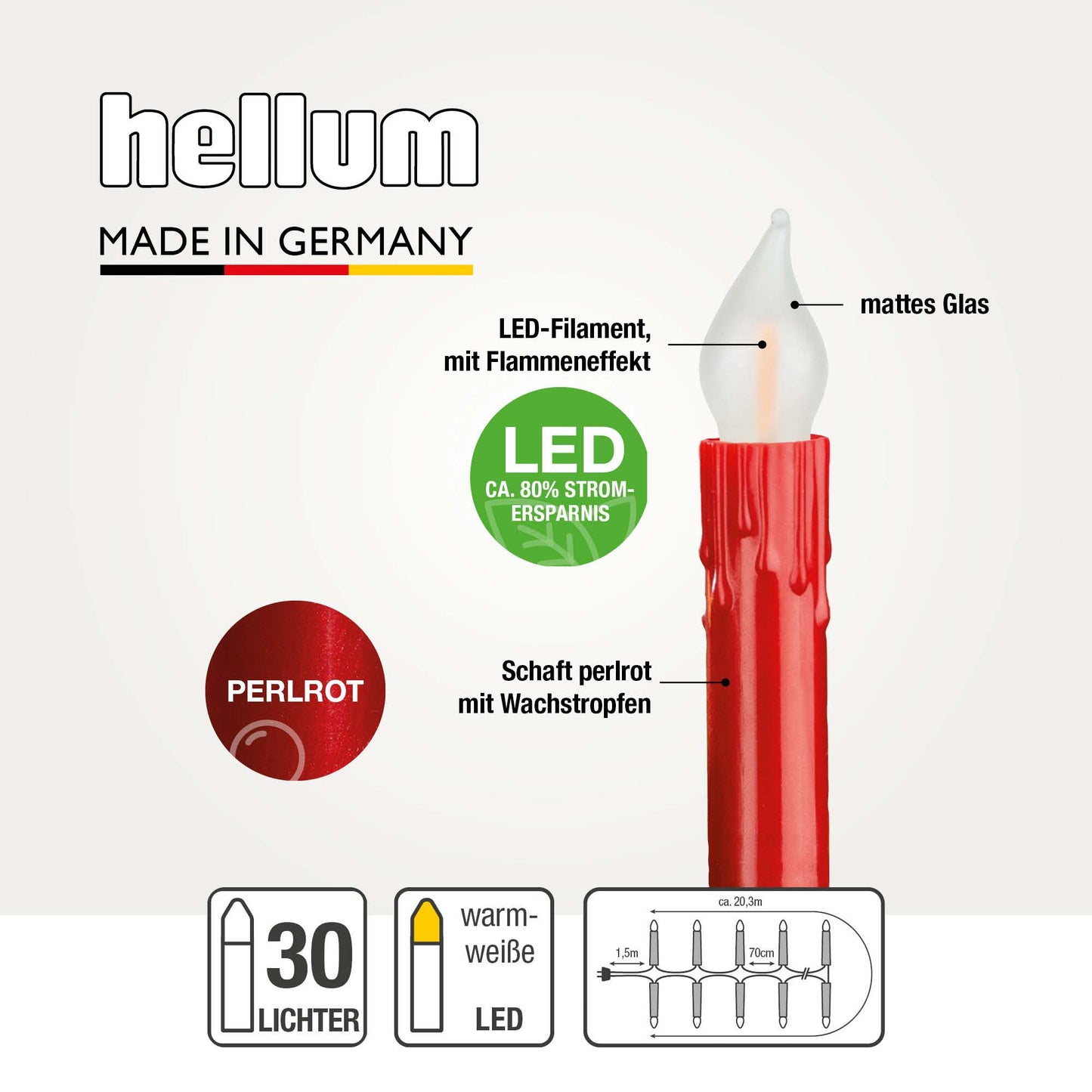 30-tlg. LED-Flammenkerzenkette mit Flammeneffekt, perlrot mit Wachstropfen, für innen, warmweiß und matt, teilbarer Stecker 815061