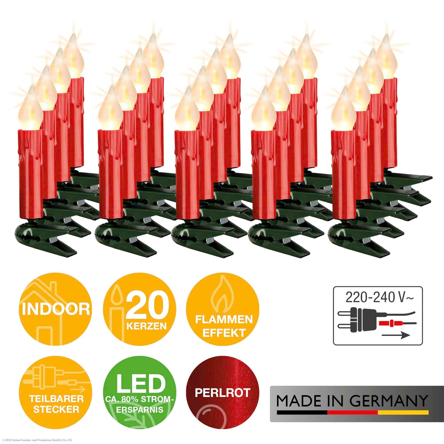 LED-Flammenkerzenkette mit Flammeneffekt, Made in Germany perlrot mit Wachstropfen, für innen,20 LEDs warm-weiß und matt, teilbarer Stecker 815078