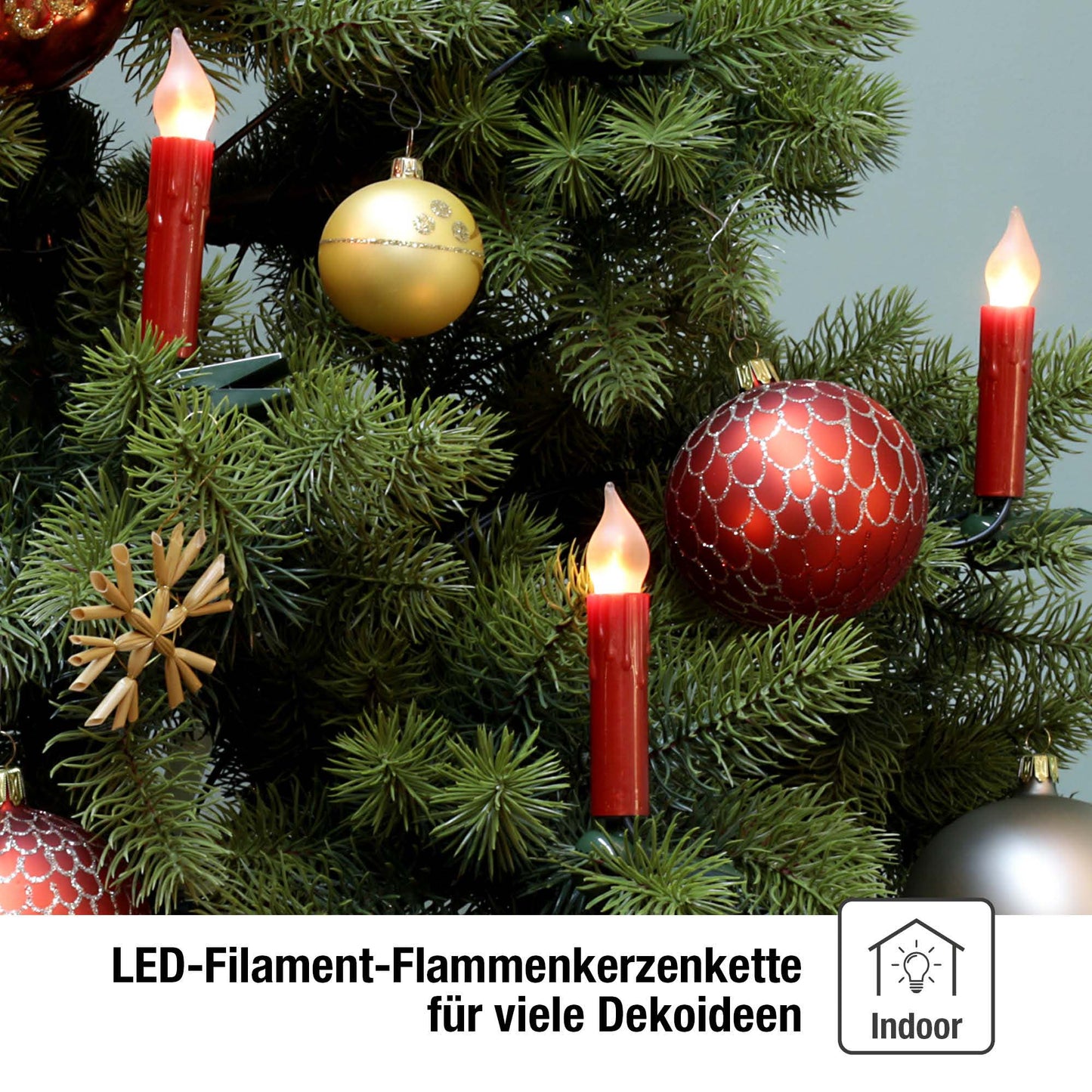 Lichterkette Weihnachtsbaum LED Filament mit Flammeneffekt innen 20 teilig, Made in Germany, Riffelkerzen, mit Wachstropfen, perlrot