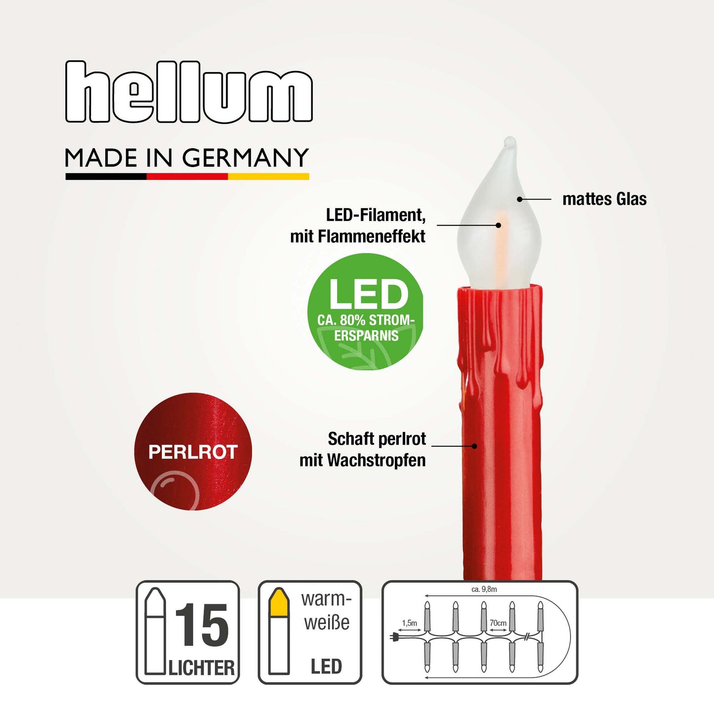 Lichterkette Weihnachtsbaum LED Filament mit Flammeneffekt innen 15 teilig, Made in Germany, Riffelkerzen, mit Wachstropfen