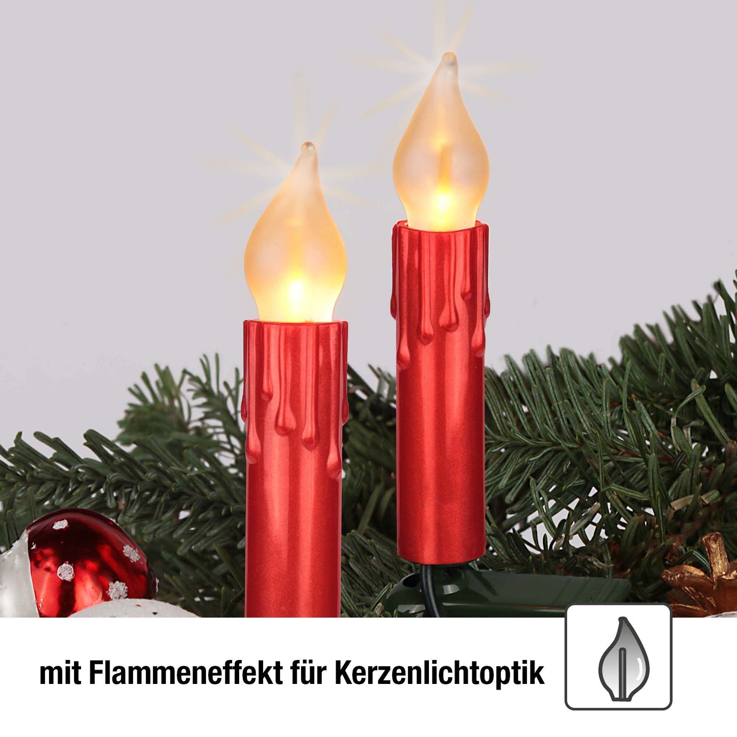 Lichterkette Weihnachtsbaum LED Filament mit Flammeneffekt innen 15 teilig, Made in Germany, Riffelkerzen, mit Wachstropfen