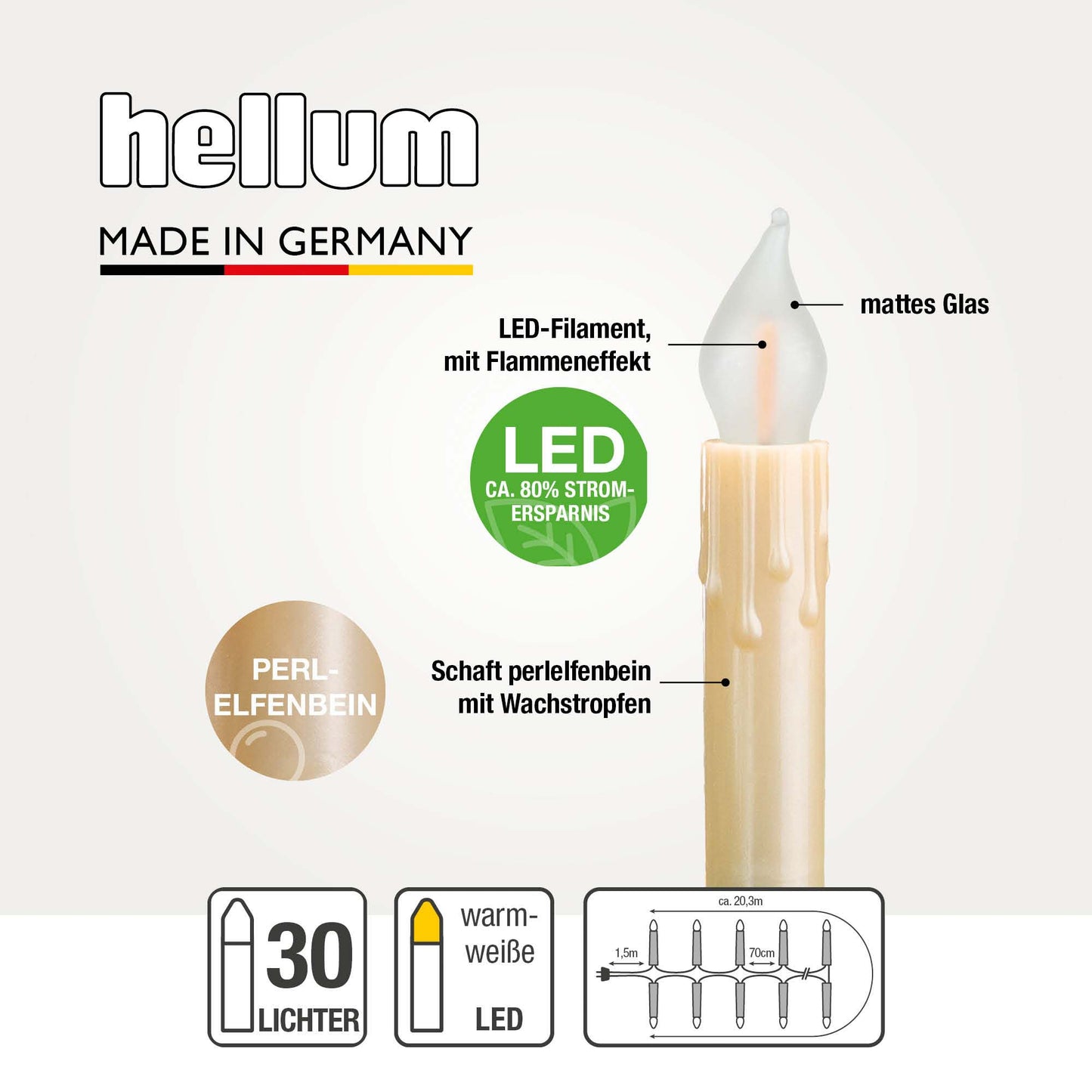 Lichterkette Weihnachtsbaum LED Filament mit Flammeneffekt innen 30 teilig, Made in Germany, Riffelkerzen, mit Wachstropfen, perlelfenbein