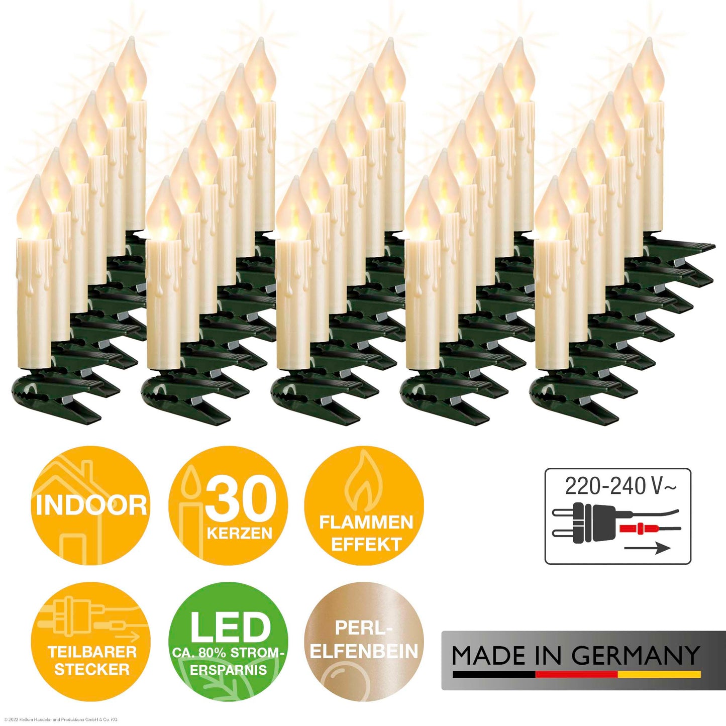 30-tlg. LED-Flammenkerzenkette mit Flammeneffekt, Made in Germany perlelfenbein mit Wachstropfen, für innen, warmweiß und matt, teilbarer Stecker 815092