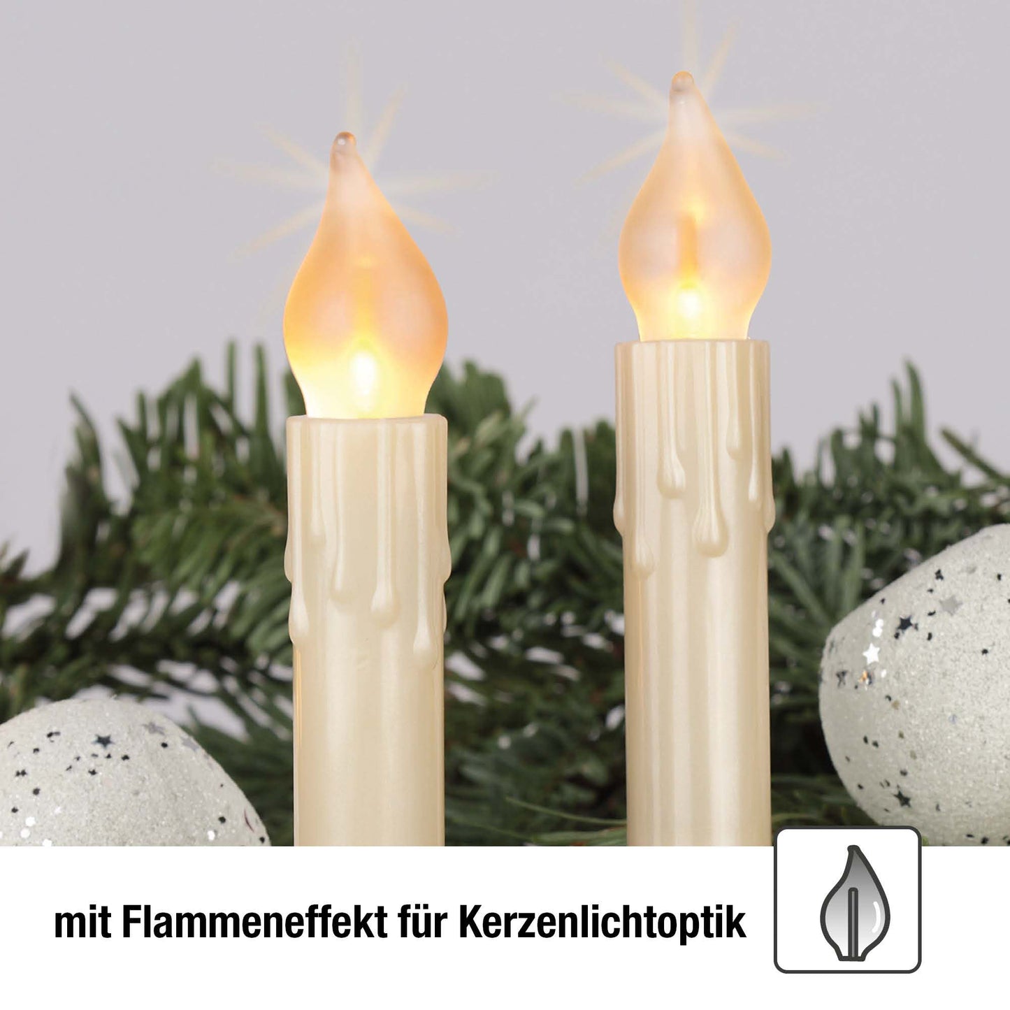 Lichterkette Weihnachtsbaum LED Filament mit Flammeneffekt innen 30 teilig, Made in Germany, Riffelkerzen, mit Wachstropfen, perlelfenbein