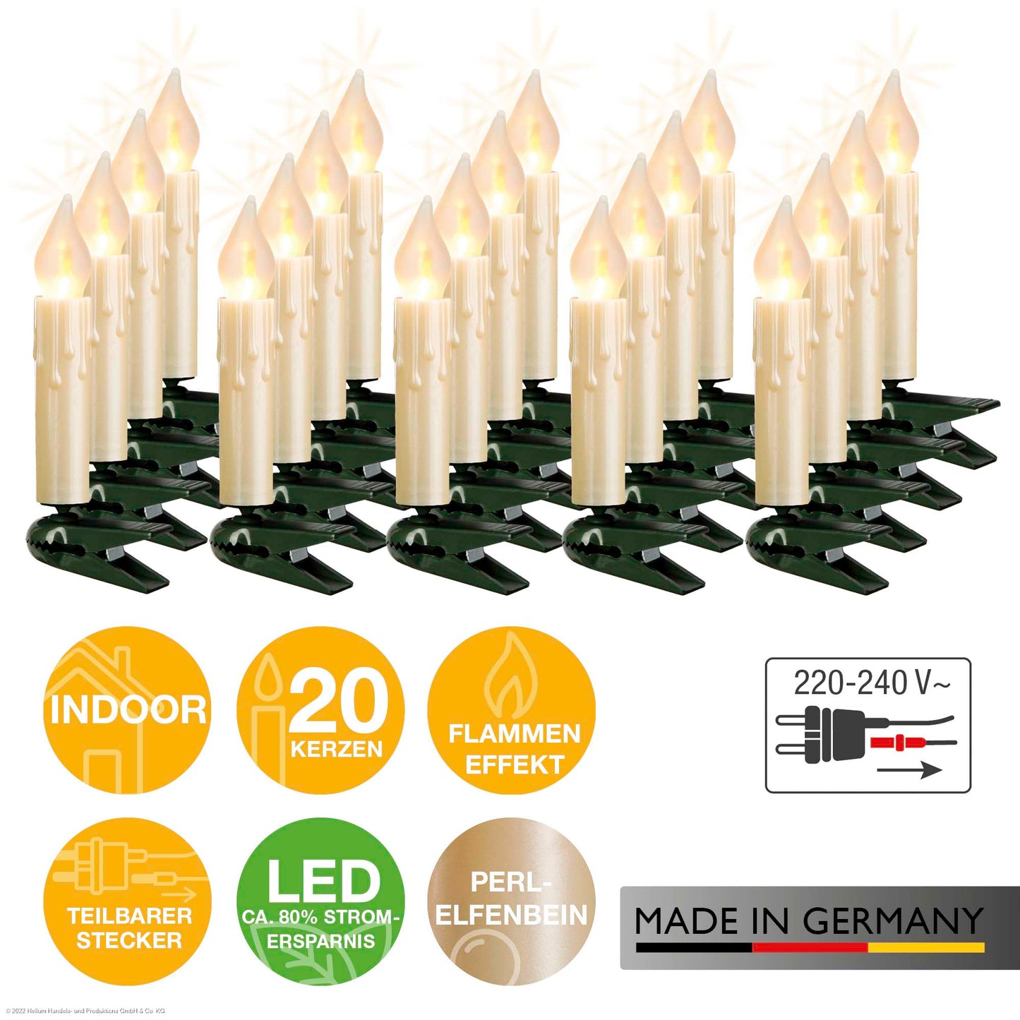 20-tlg. LED-Flammenkerzenkette mit Flammeneffekt, perlelfenbein mit Wachstropfen, für innen, warmweiß und matt, teilbarer Stecker 815108