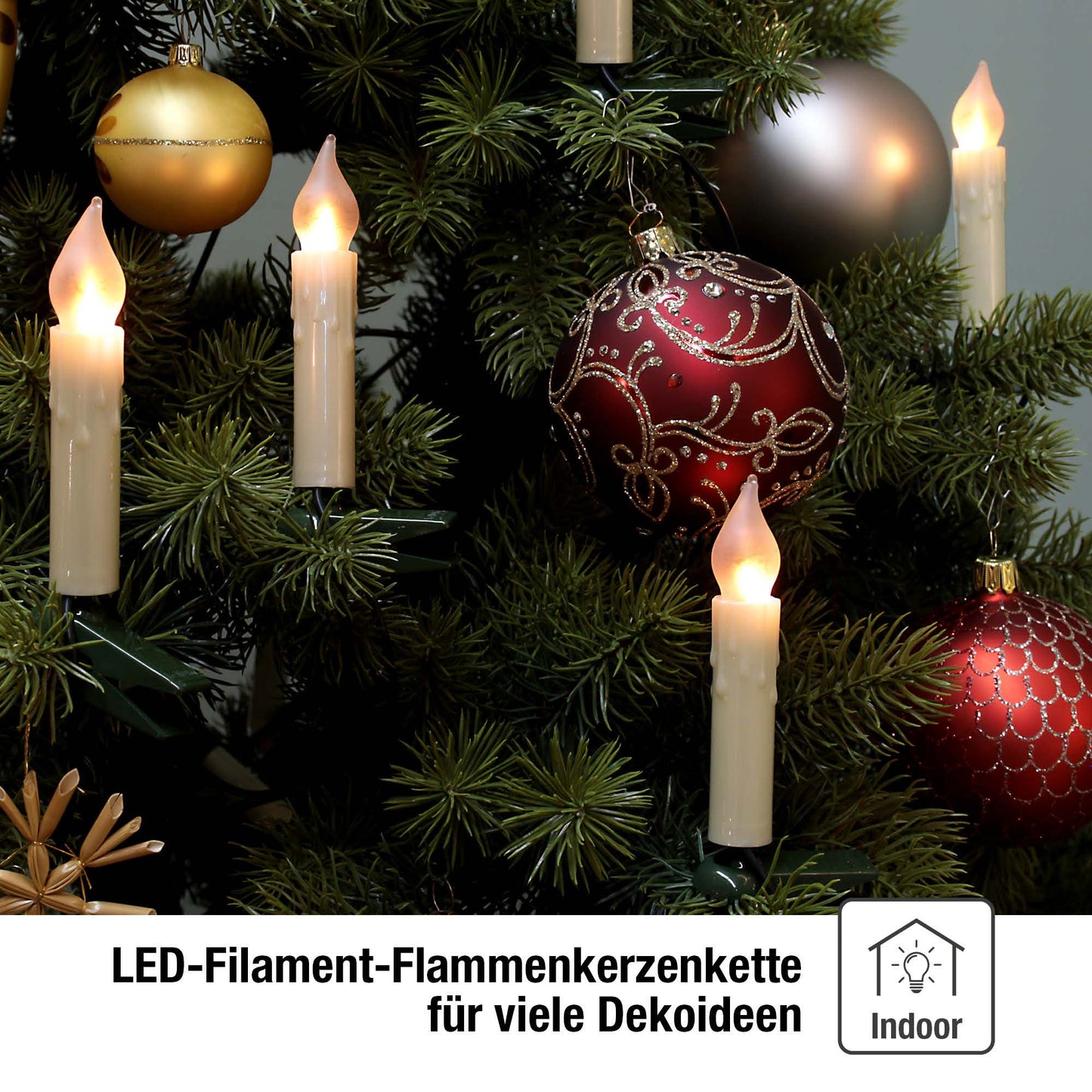 Lichterkette Weihnachtsbaum LED Filament mit Flammeneffekt innen 20 teilig, Made in Germany, Riffelkerzen, mit Wachstropfen, perlelfenbein