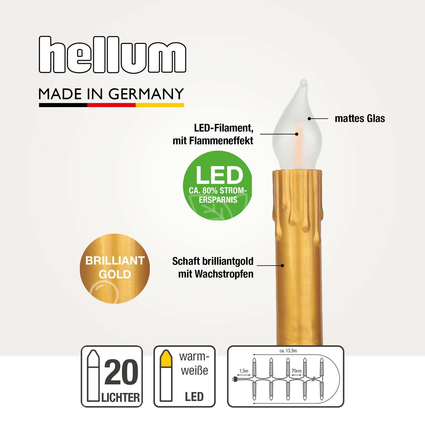 LED-Flammenkerzenkette mit Flammeneffekt, brillantgold mit Wachstropfen, 20 LEDs warm-weiß für innen 815139