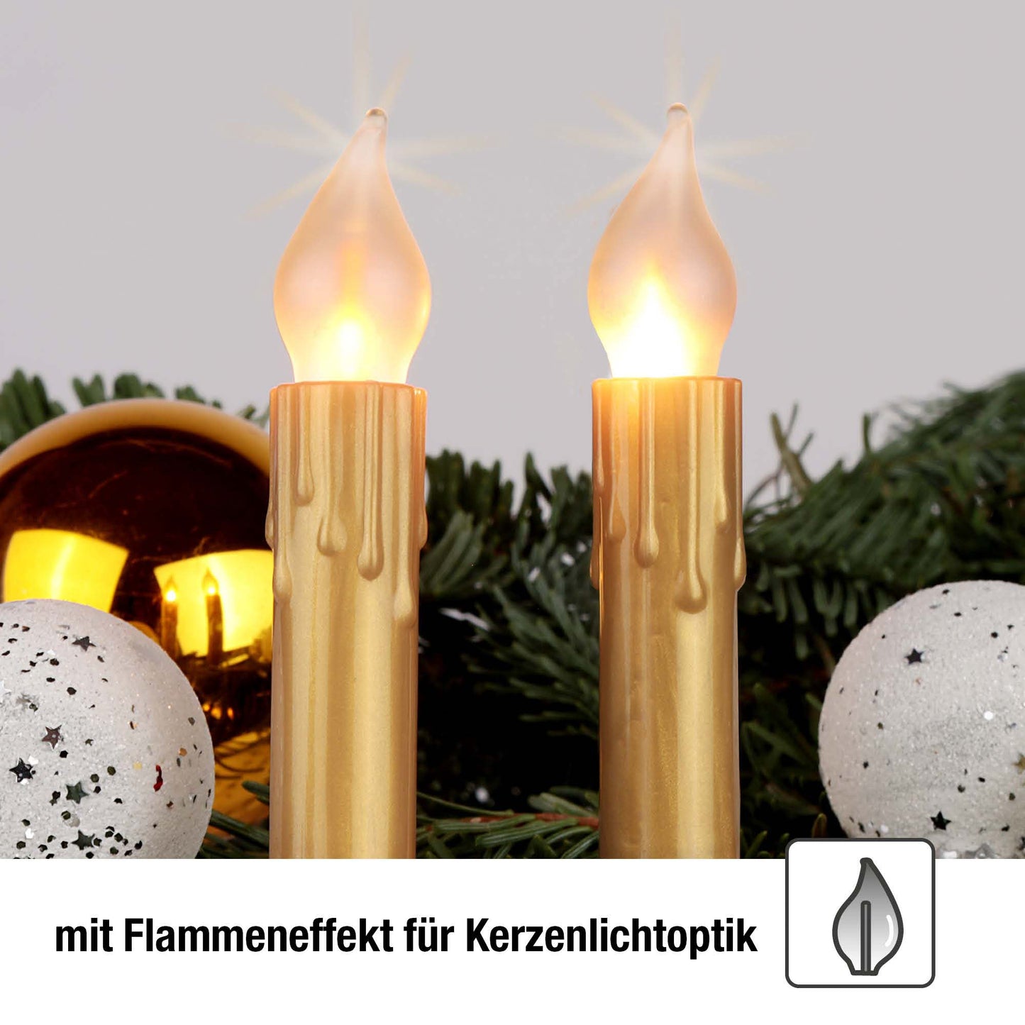 LED-Flammenkerzenkette mit Flammeneffekt, brillantgold mit Wachstropfen, 20 LEDs warm-weiß für innen 815139