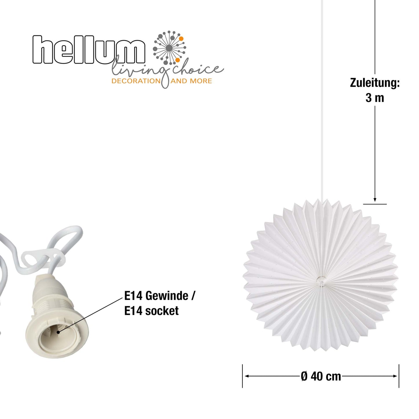 Papierlampion "Sunny", weiß, hängend,  weißes Kabel, E14, mit Schalter, Ø 40 cm, für innen, inkl. Lampe