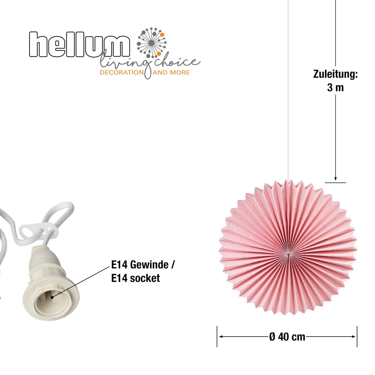 Papierlampion "Sunny", pink, hängend,  weißes Kabel, E14, mit Schalter, Ø 40 cm, für innen, inkl. Lampe