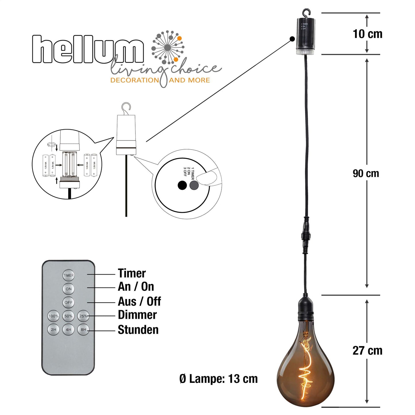 LED-Filament Vintage-Lampe,Ø13 * 27 cm,  "Smokey", mit Fernbedienung und Timer, batteriebetrieben