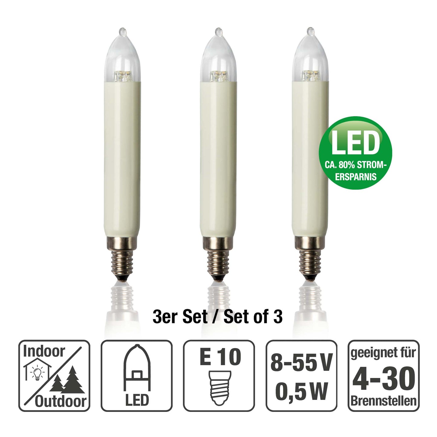 LED-Schaftkerze,  8-55 V, 0,1-0,3 W,  3er Blister