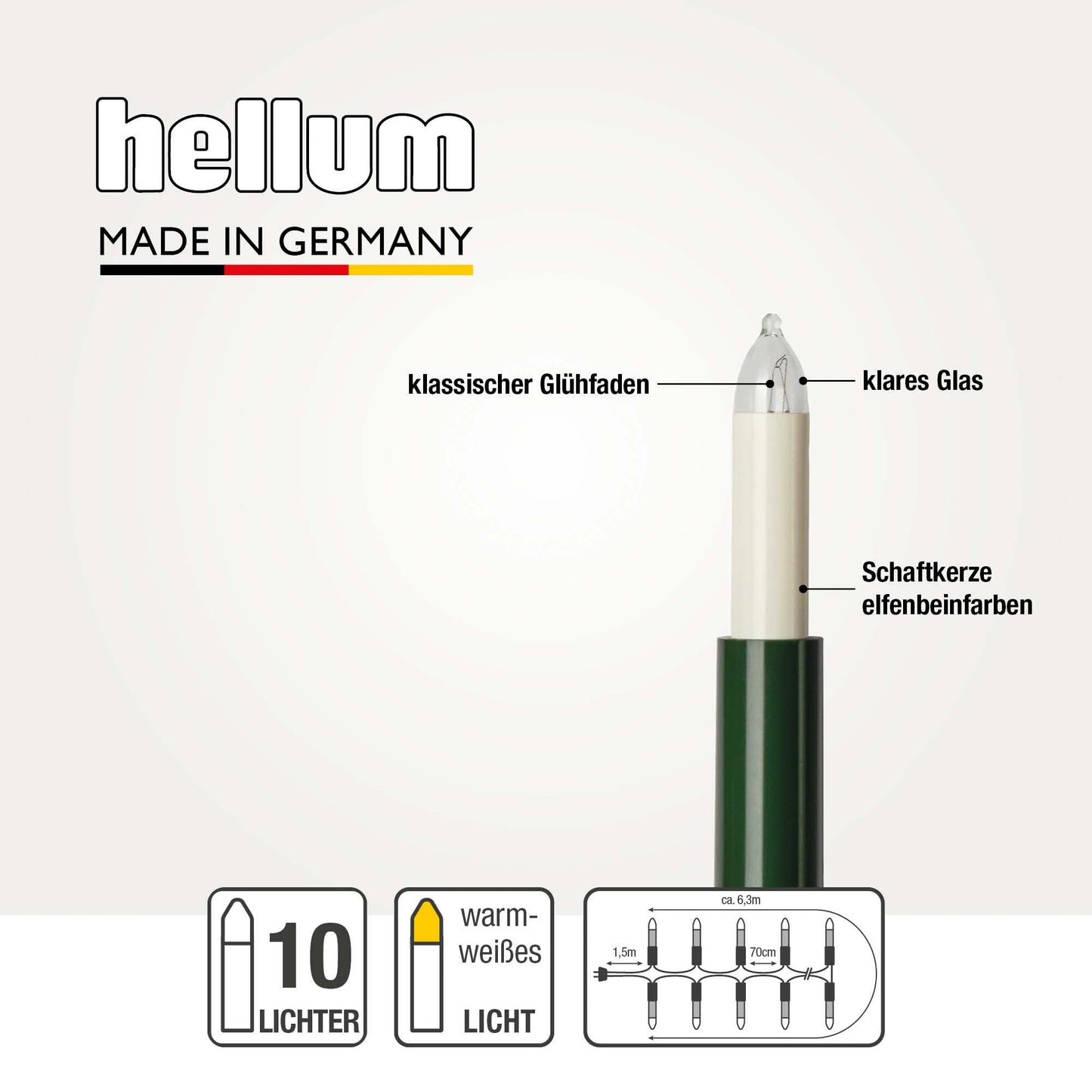 Lichterkette Weihnachtsbaum innen 15 teilig, Made in Germany, Kleinschaftkerzen, Glühfaden