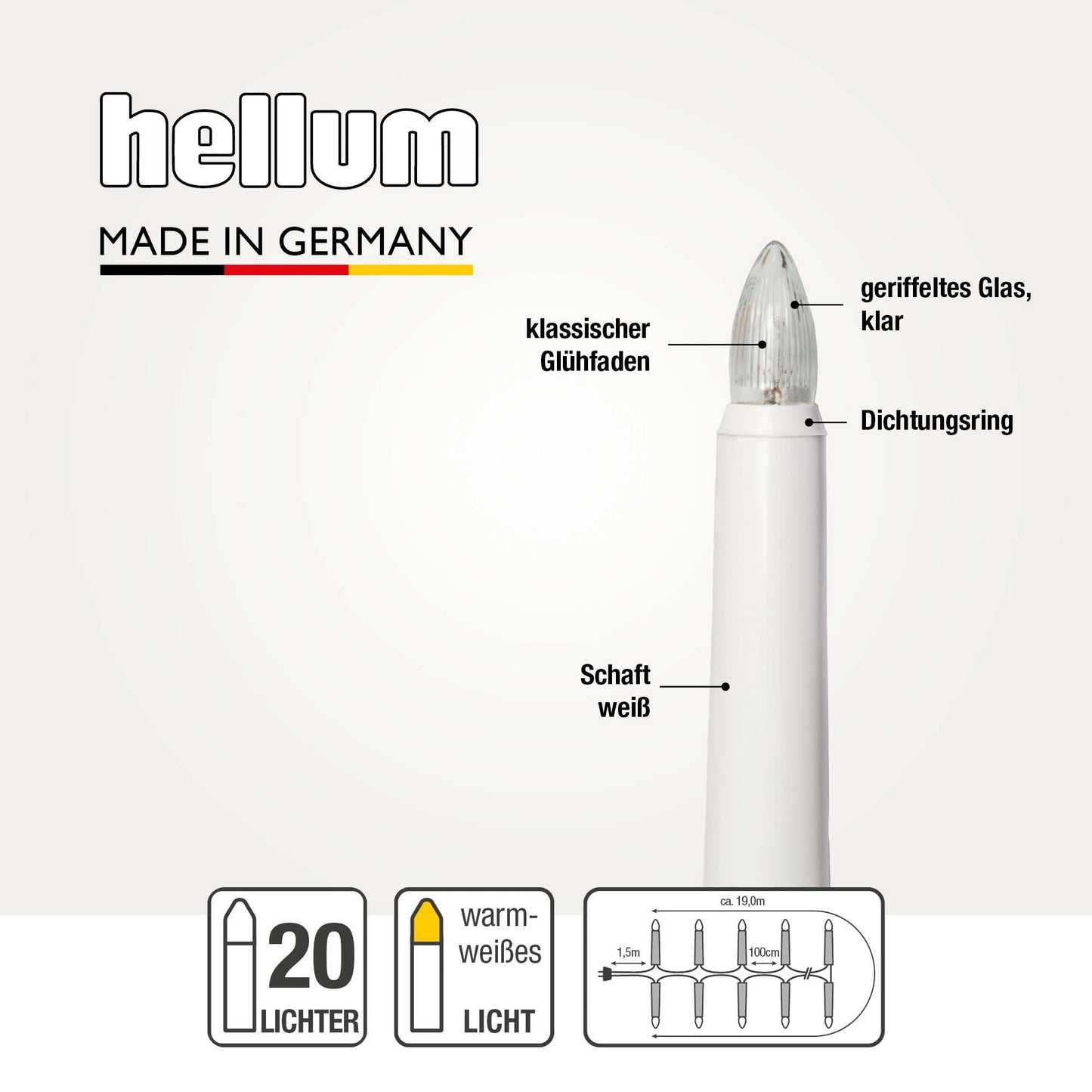 Lichterkette Weihnachtsbaum außen 20 teilig, Made in Germany, Riffelkerzen, Glühfaden