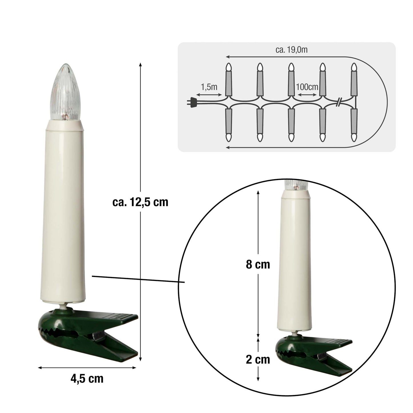 20-tlg. Riffelkerzenkette, klare Lampen, für außen, teilb. Stecker