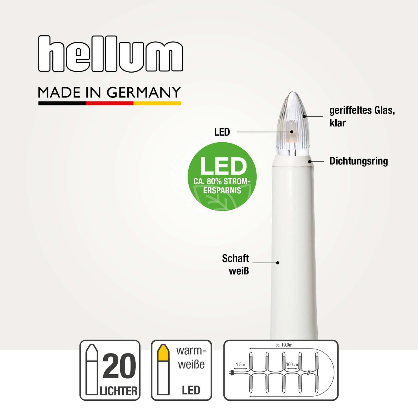 LED Lichterkette Weihnachtsbaum außen 20 teilig, Made in Germany, Riffelkerzen