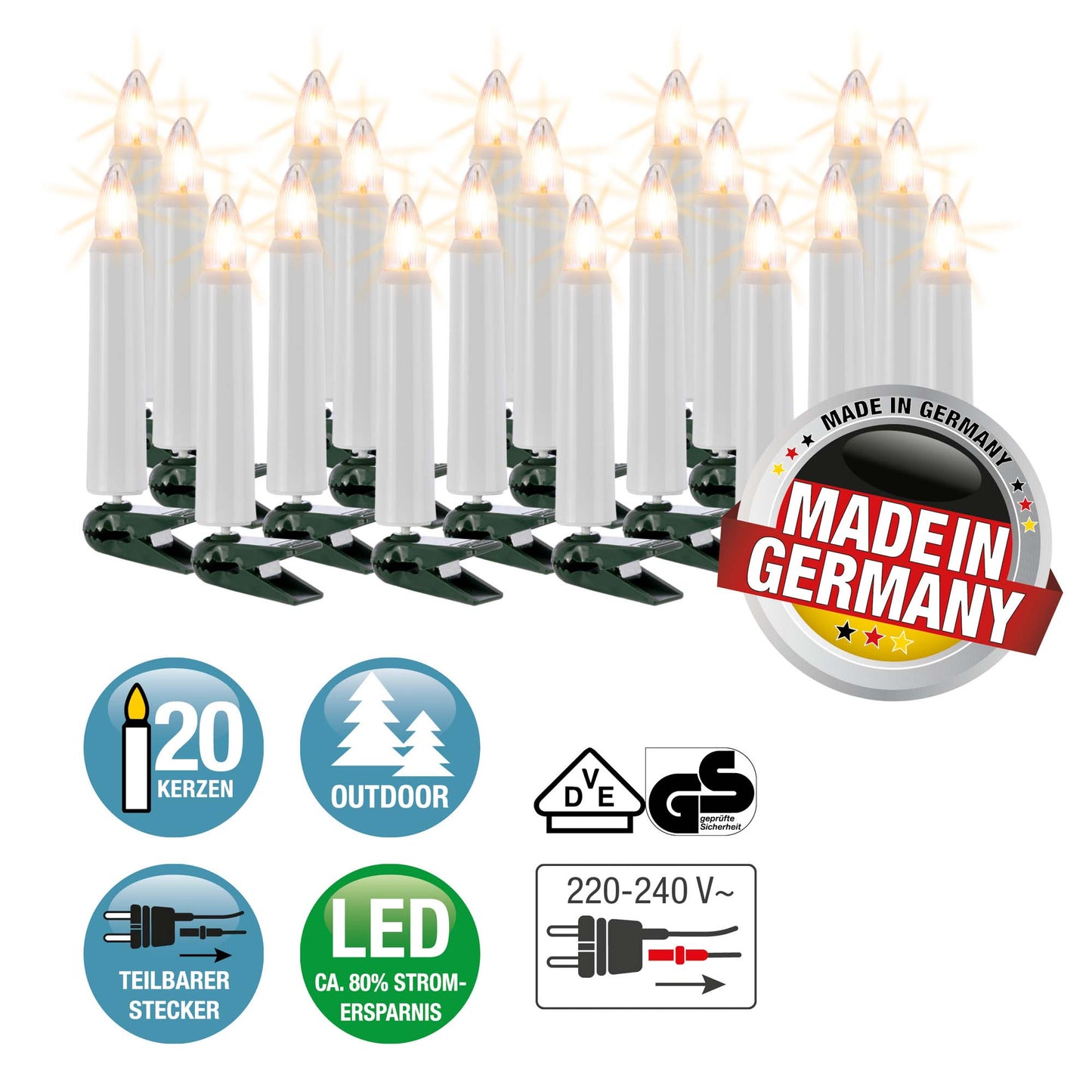 LED-Filament Riffelkerzenkette außen, 20 LEDs ww, für außen